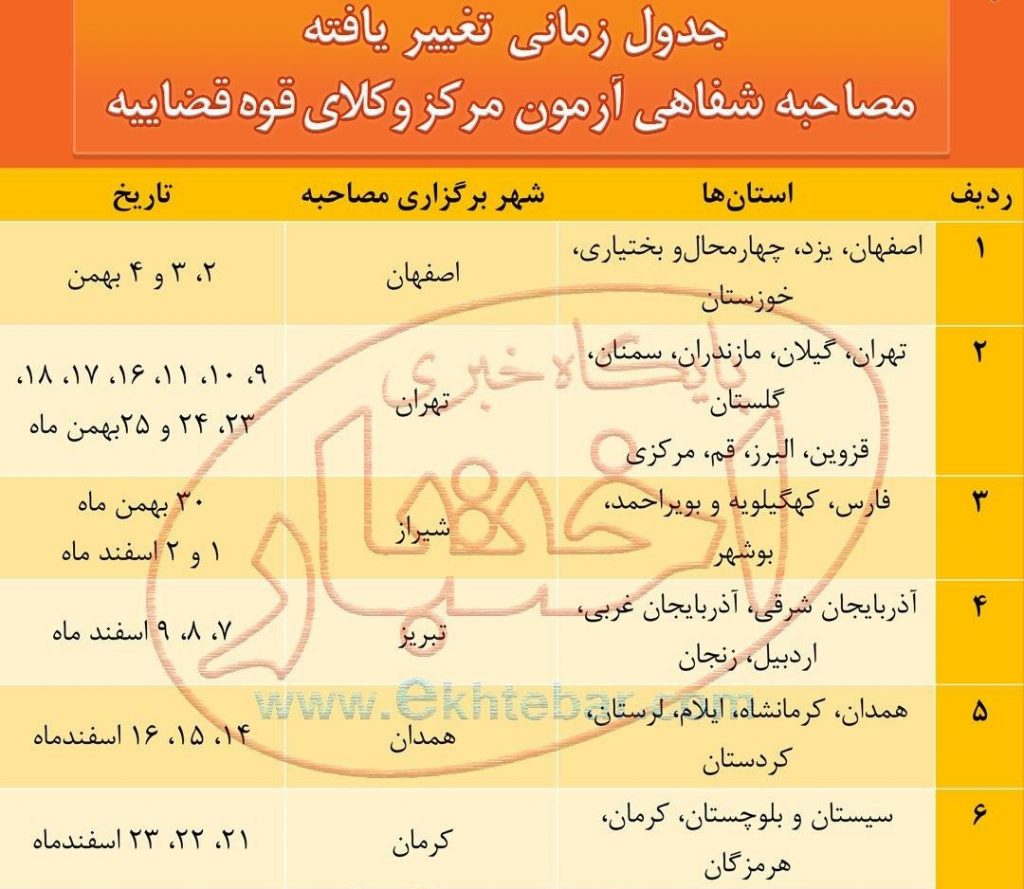 جدول تغییر یافته مصاحبه شفاهی آزمون مرکز وکلای قوه قضاییه