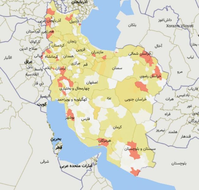 نقشه شهر های وضعیت قرمز کرونا