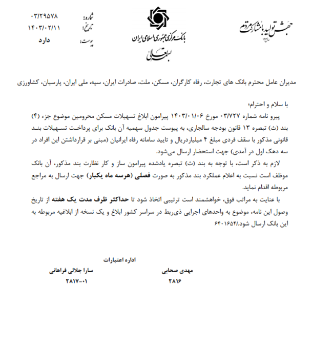 ابلاغ وام ۴۰۰ میلیونی مسکن محرومین