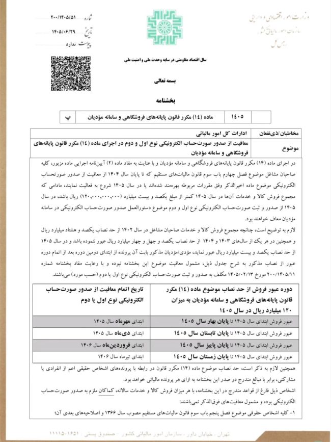 بخشنامه معافیت از صدور صورتحساب الکترونیکی نوع اول و دوم برای صاحبان مشاغل